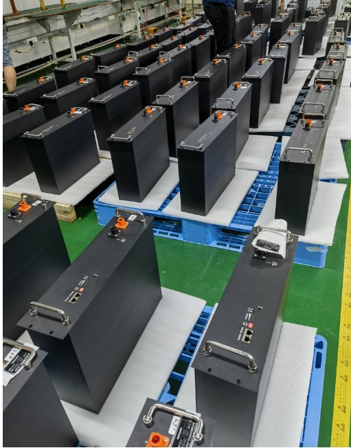 Array of Topway brand industrial energy storage batteries lined up in a factory setting, showcasing advanced power solutions for large-scale applications.