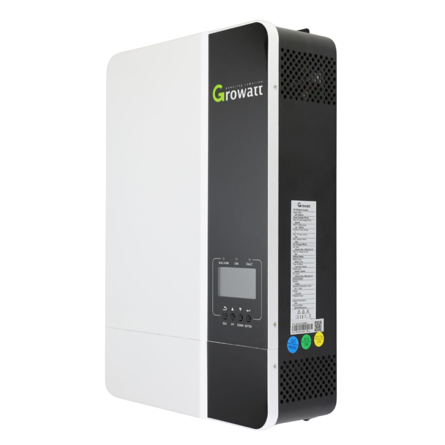 Growatt solar inverter displayed with its modern design featuring a dual-color scheme and integrated display panel, ideal for residential and commercial energy systems.