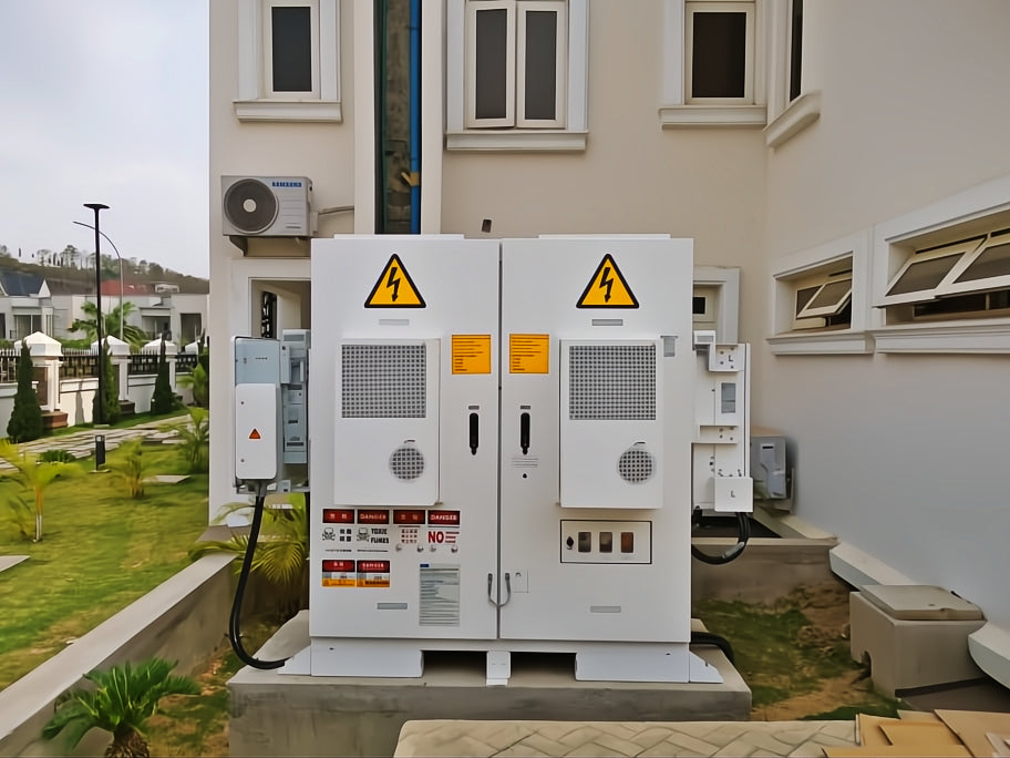 Exterior installation of a Huawei industrial inverter at a C&I complex, featuring robust design and safety warning signs, emphasising its suitability for large-scale energy solutions.