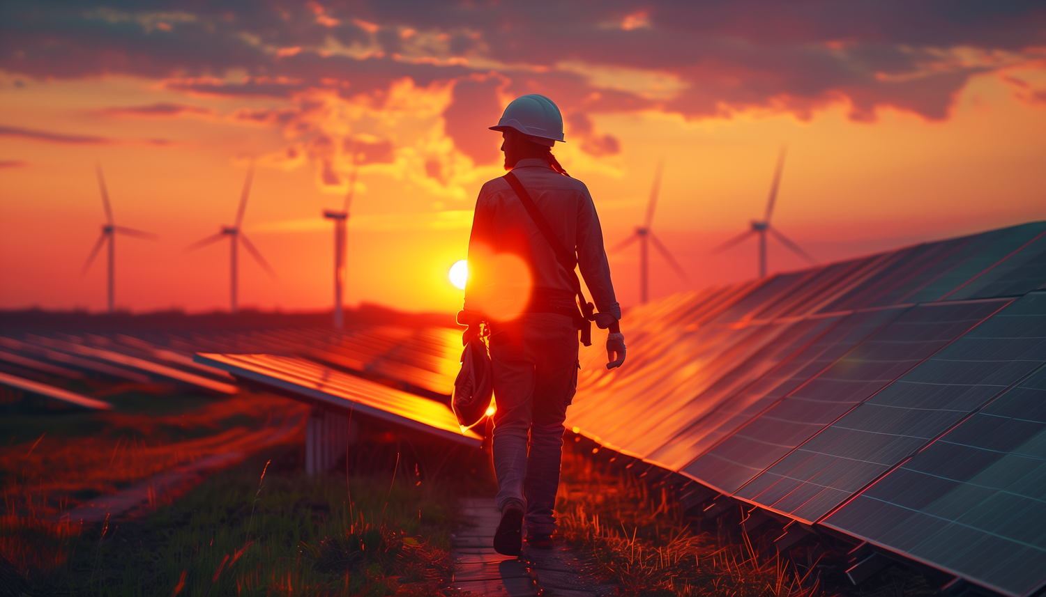 Engineer walking towards the sunset in a renewable energy park with Pylontech solar batteries, featuring solar panels and wind turbines in the background.