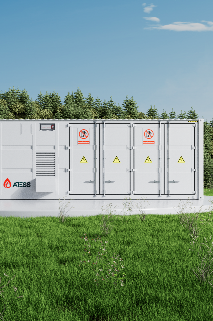 ATESS advanced energy storage unit installed outdoors, showcasing its robust and secure design amidst lush greenery, ideal for enhancing renewable energy solutions with its inverter and EV charger capabilities.