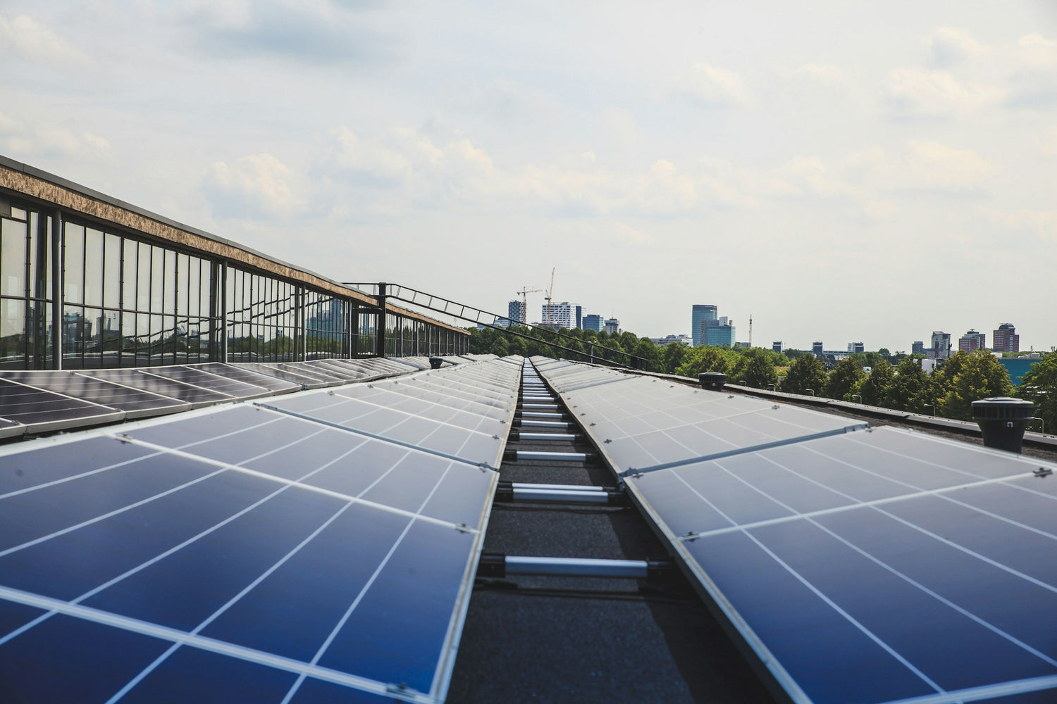 Photovoltaic solar panels on a rooftop with a city skyline in the background, demonstrating the integration of high-quality n-type TOPCon PV modules in urban renewable energy projects.